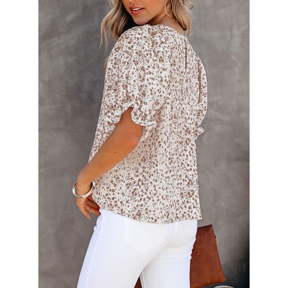 Women Brown Print Blouse Crewneck Smocked Puff Sleeve Shirts Casual Babydoll Top - Picture 4 of 7
